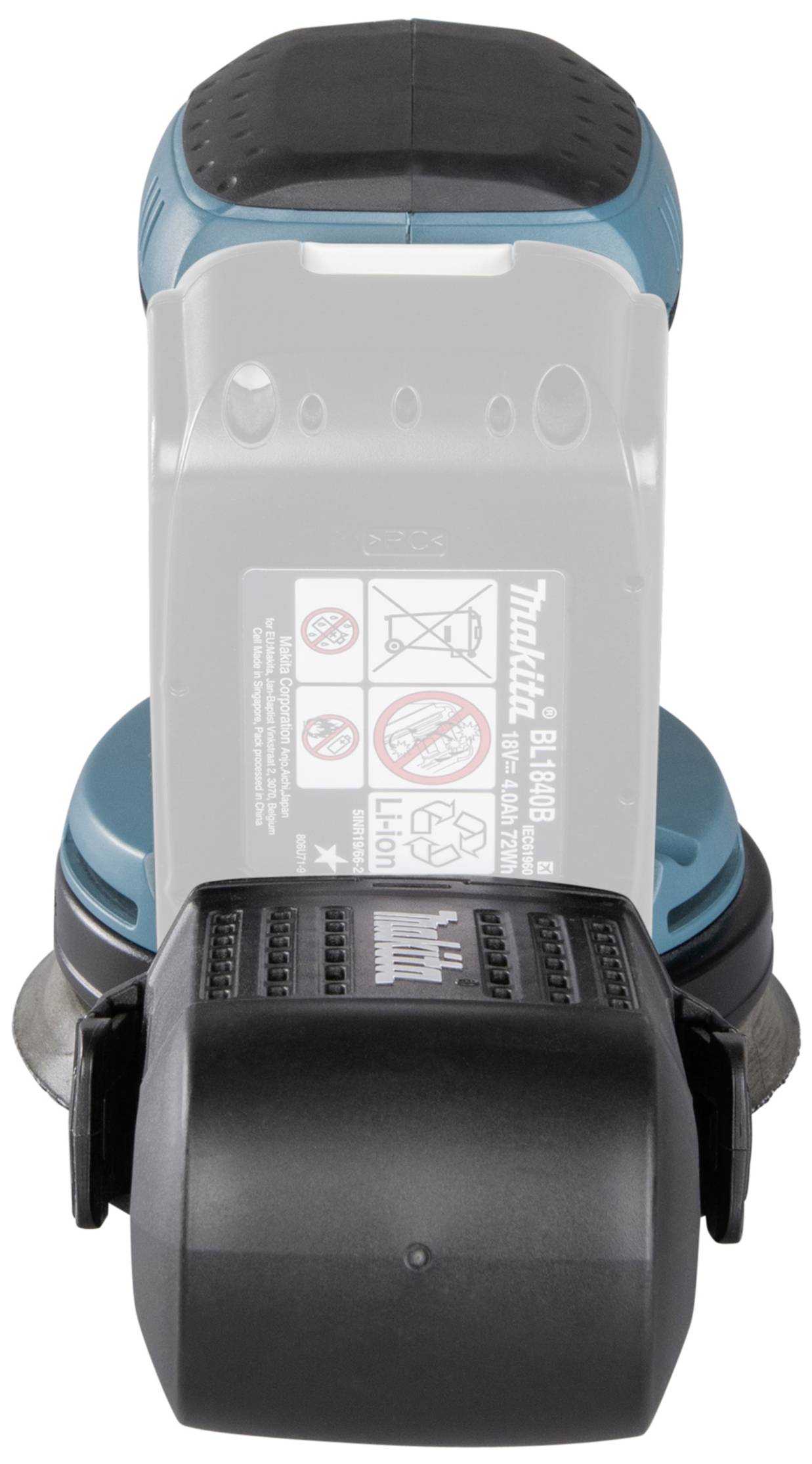 Akkubetriebener Makita-Bohrschrauber mit entfernter Batterie. Warnetikett in der Batterieaufnahme sichtbar.