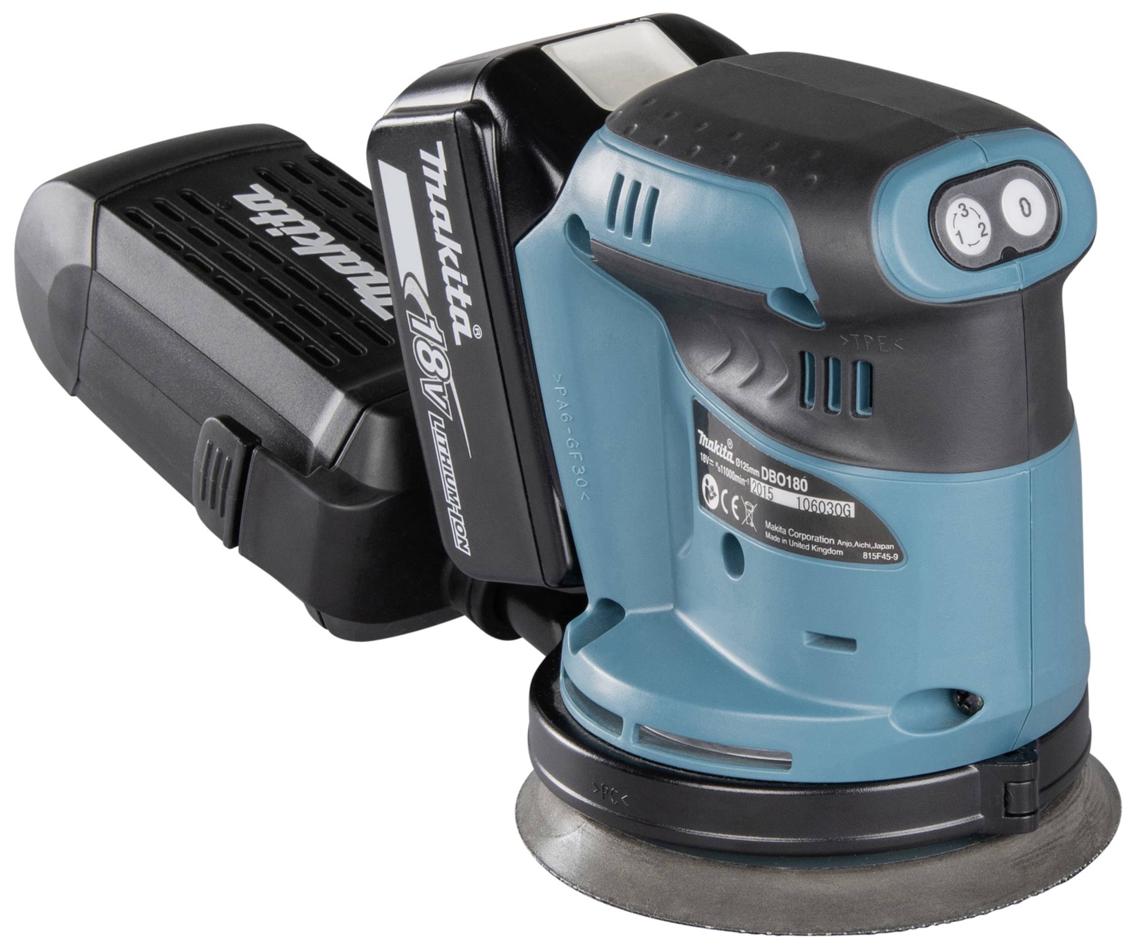 Akku-Exzenterschleifer in Blau und Schwarz, Modell von Makita. Geeignet zum Schleifen von Oberflächen, mit Staubauffangbehälter.