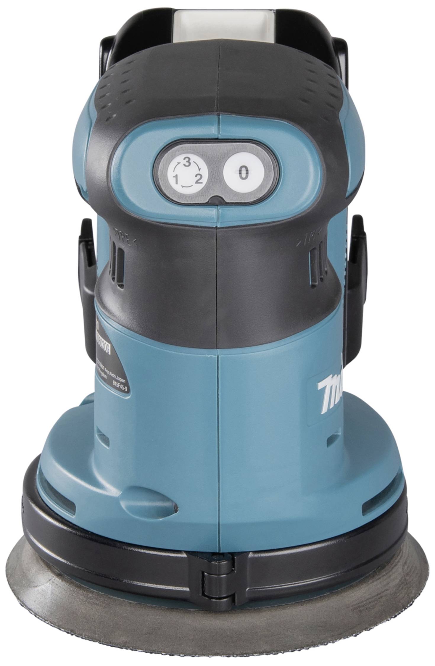 Blauer Schleifmaschine mit schwarzem Griff und Drehzahlwahlschalter, Rückansicht. Verwendet zum Glätten von Oberflächen.