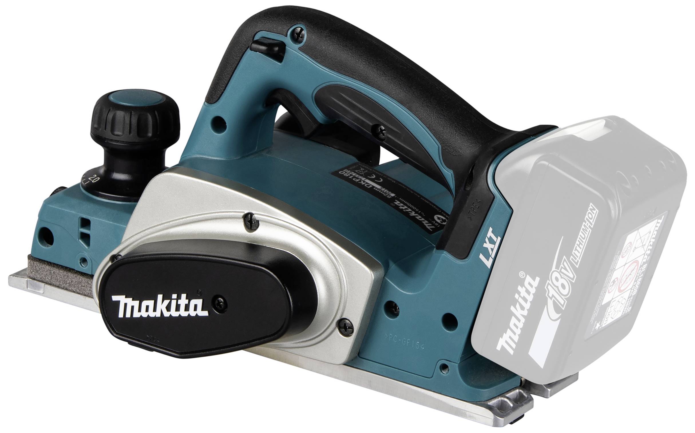 Ein kabelloser Elektrohobel mit einem ergonomischen Griff, einer verstellbaren Hobeltiefe und einem Makita-Logo, bereit zur Verwendung.