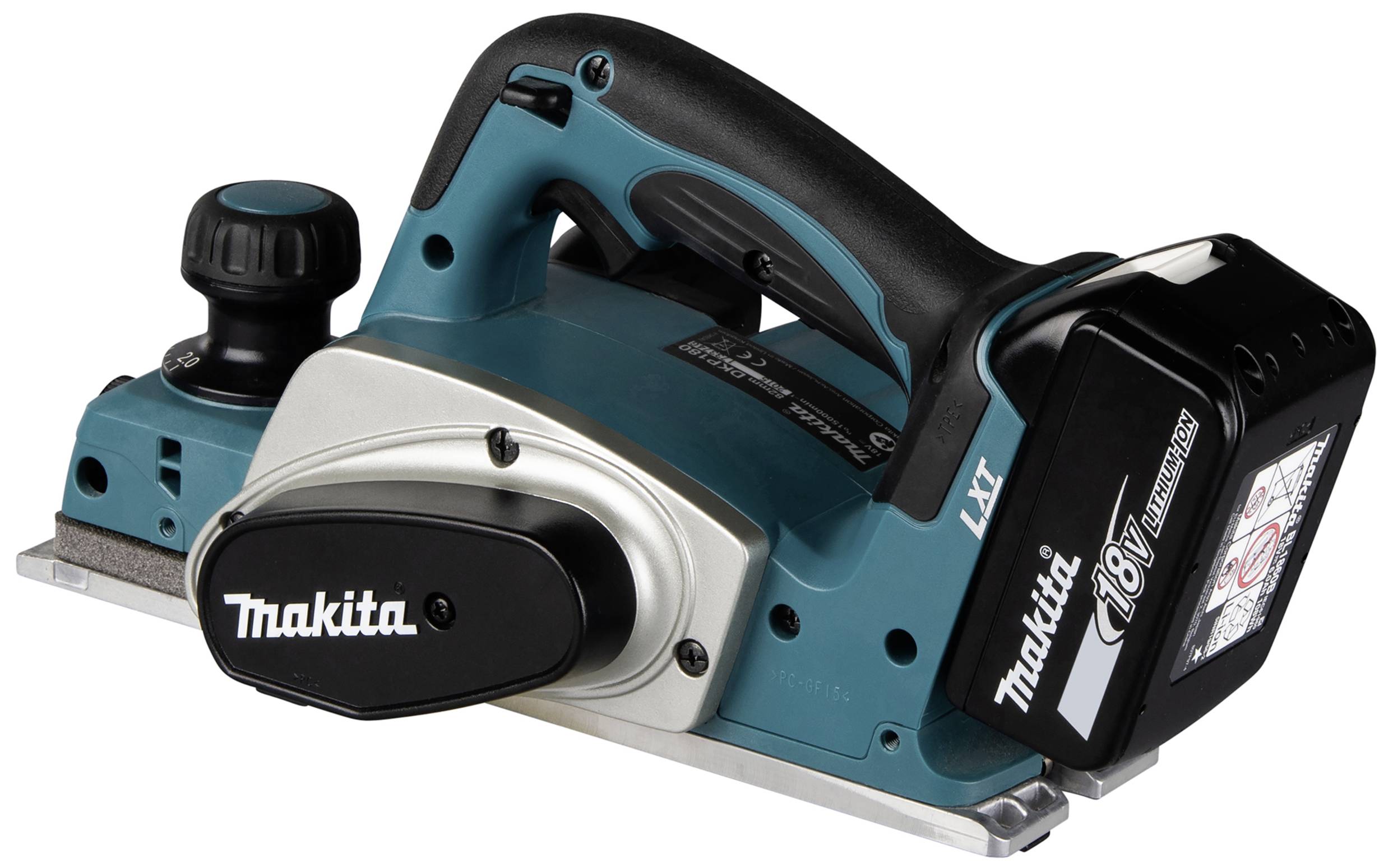 Ein elektrischer Handhobel in Blau und Schwarz, Marke Makita, mit 18V Akku, geeignet für Holzarbeiten.
