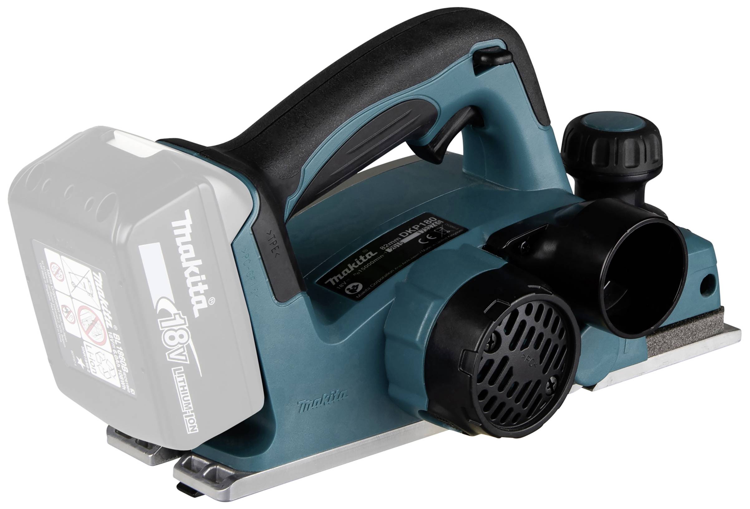 Ein kabelloser, elektrischer Handhobel mit ergonomischem Griff und 18V-Akku, geeignet für präzise Holzarbeiten und ebene Oberflächen.