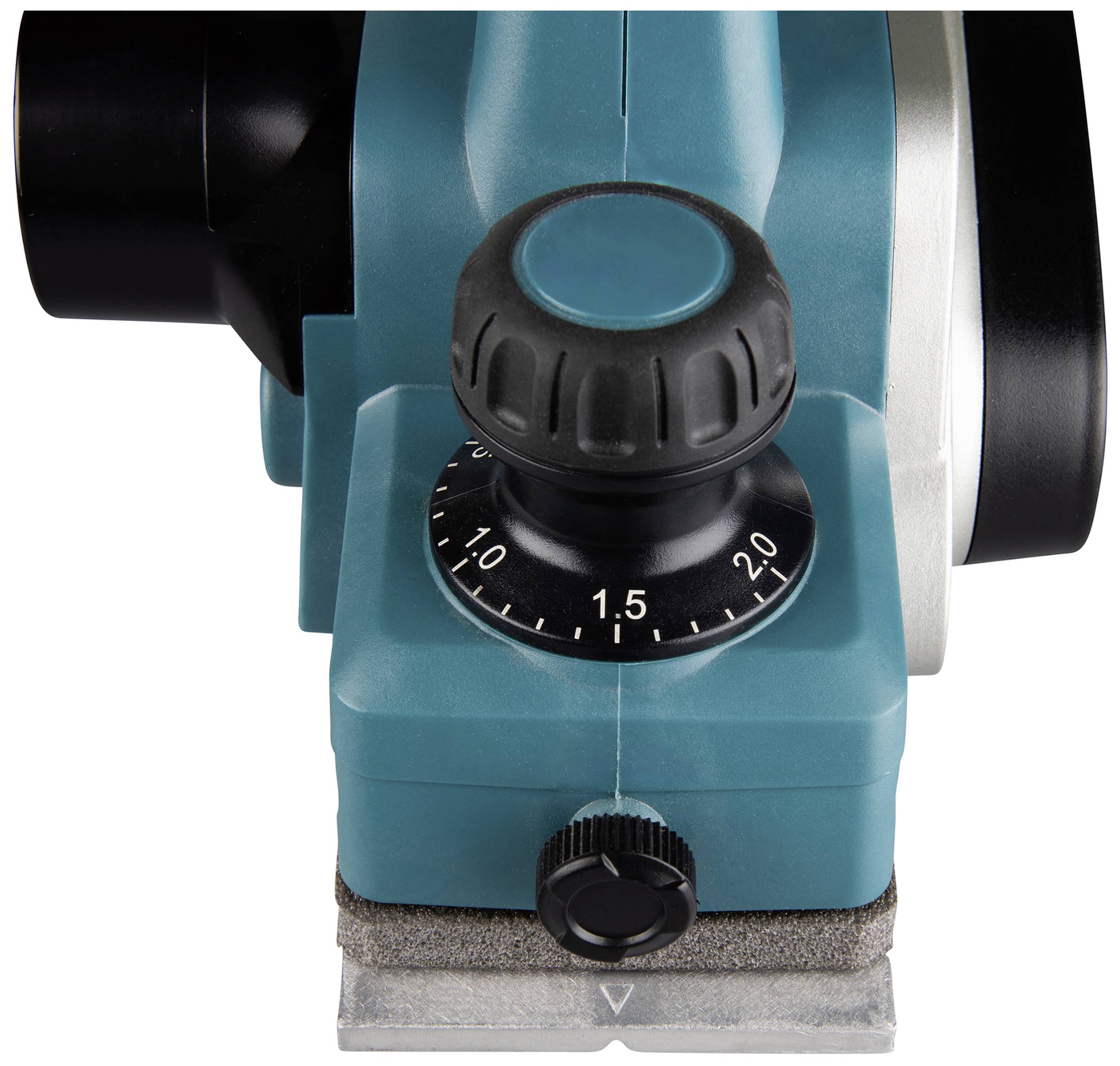 Elektrischer Hobel mit Einstellknopf für Schnittiefe von 0 bis 2 mm, blaues Gehäuse. Hauptnutzung: präzise Holzbearbeitung.