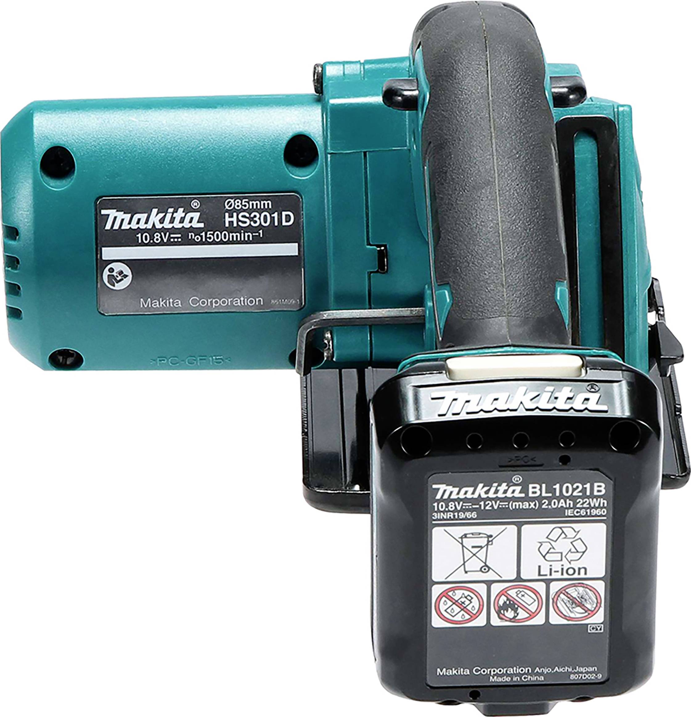 Makita Akku-Handkreissäge HS301D mit BL1021B-Akku. Leistungsstark, kompakt, geeignet für präzise Schnitte in Holz.
