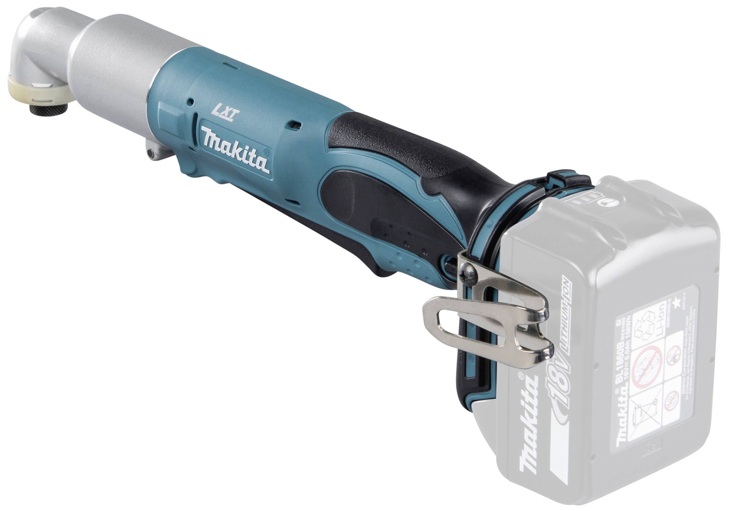Ein kabelloser, blauer Winkelschlagschrauber von Makita mit Akku und ergonomischem Griff. Geeignet für schwer zugängliche Stellen.