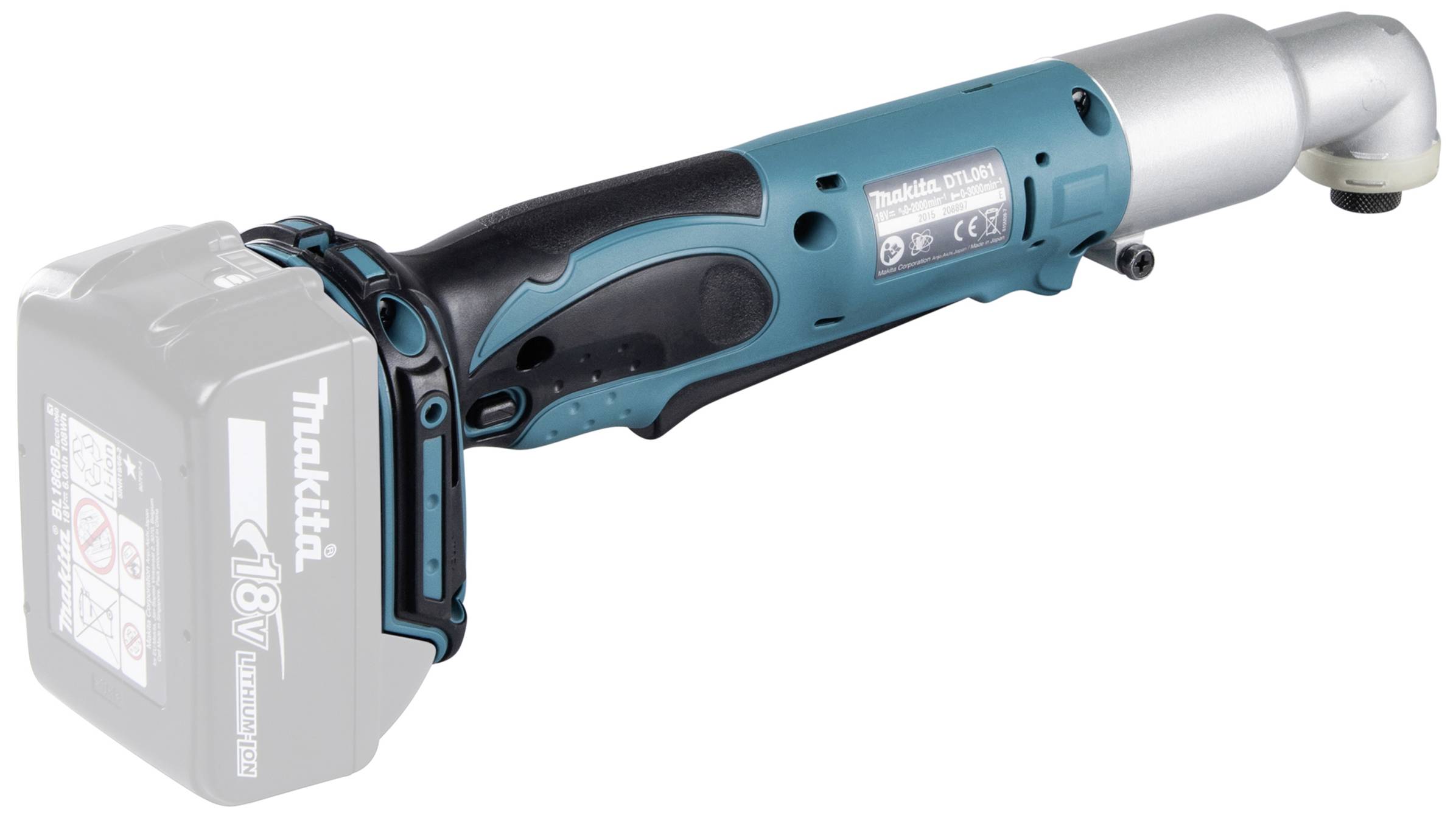 Ein blauer, batteriebetriebener Winkelschrauber von Makita, seitlich gezeigt. Das Werkzeug ist für schwer zugängliche Stellen geeignet.