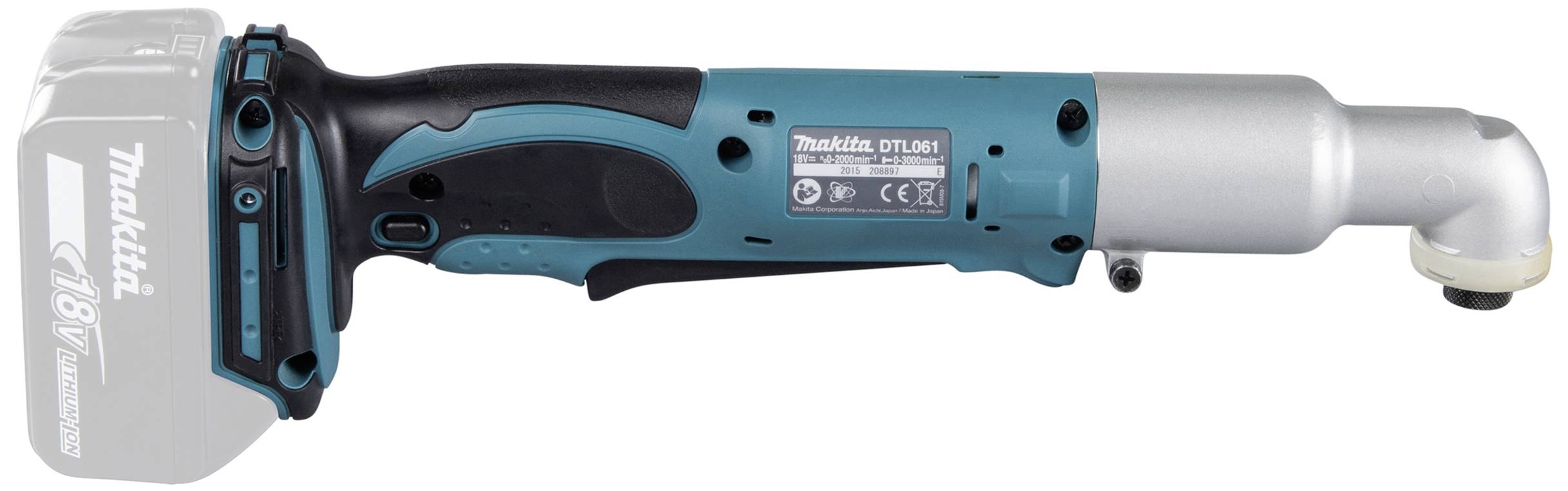 Ein blauer und schwarzer Makita-Akkuwinkelbohrer mit einem 18V-Akku.