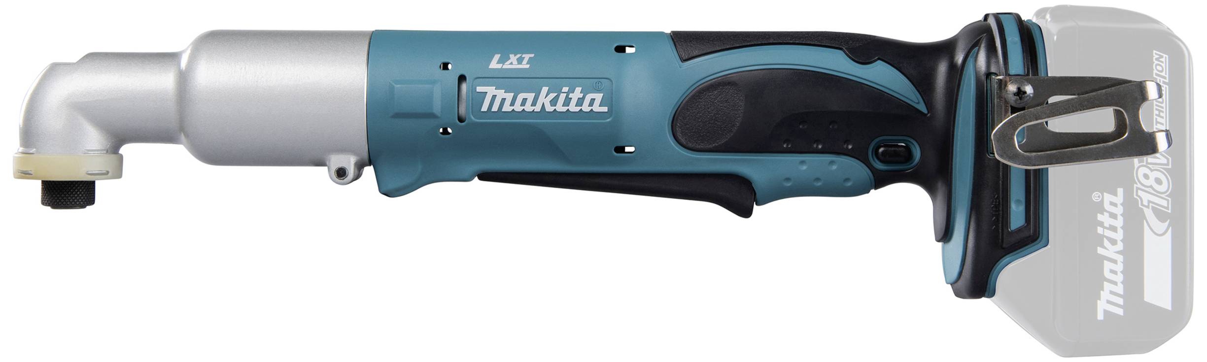 Ein blauer Makita-Akku-Winkelschlagschrauber ohne eingelegten Akku, mit ergonomischem Griff für schwer erreichbare Stellen.