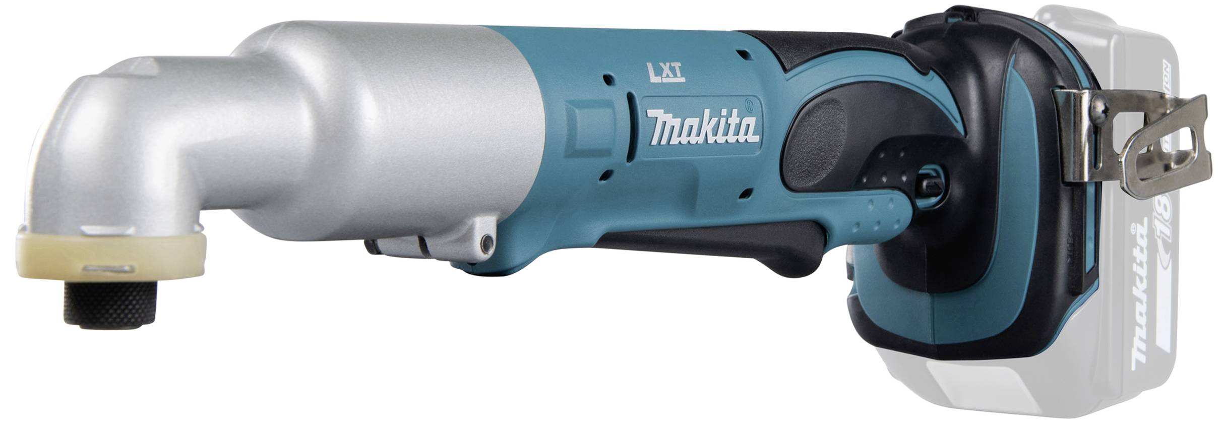 Akkubetriebener Makita-Winkelschrauber, blau und silber, mit Griff und Akku, sichtbar von der Seite.