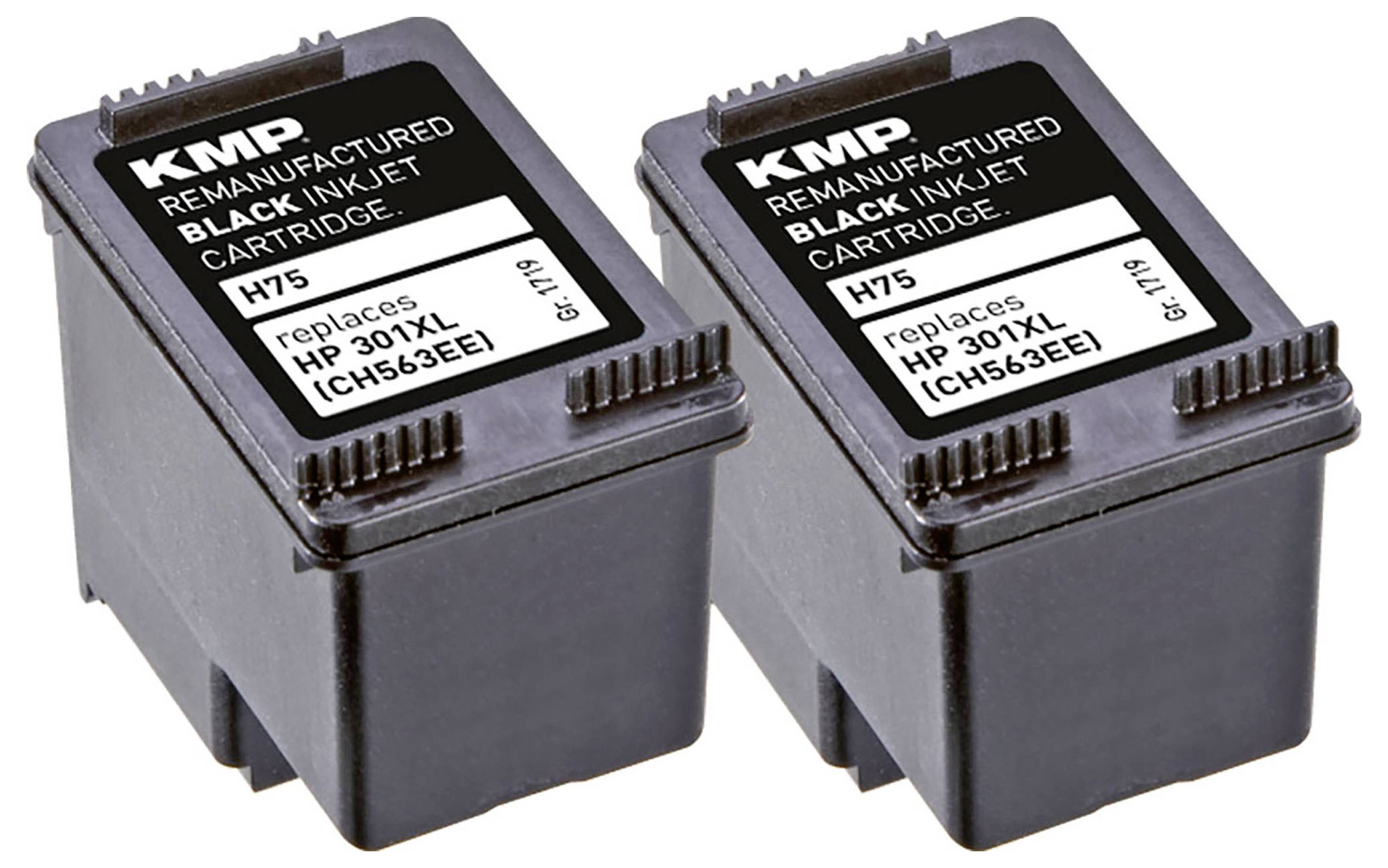 Zwei schwarze Tintenpatronen, als Rebuild-Produkt von KMP für HP 301XL (CH563EE) Drucker gekennzeichnet.