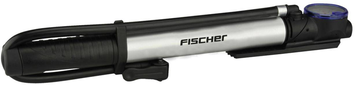 Silberne Fahrradpumpe mit 'Fischer'-Logo und schwarzem Griff, geeignet für verschiedene Ventilarten.