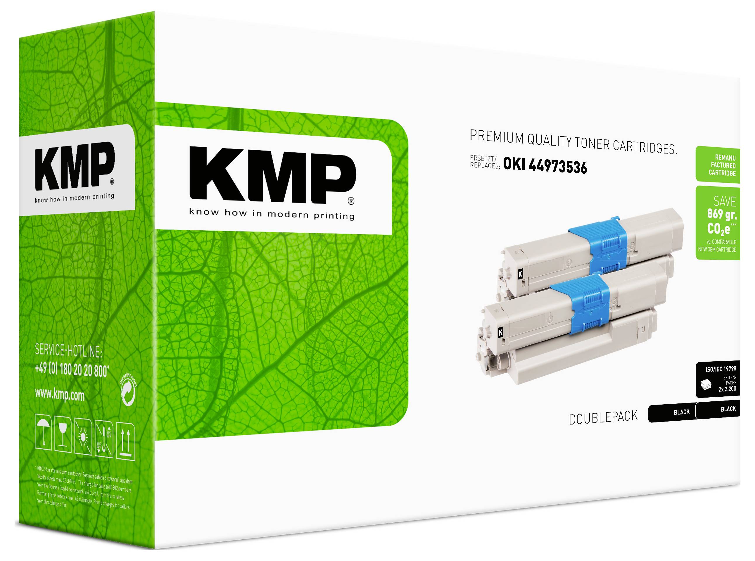 KMP Premium-Qualität Tonerpatronen Paket für OKI 44973536, zeigt zwei schwarze Tonerpatronen und recycelte Verpackung.