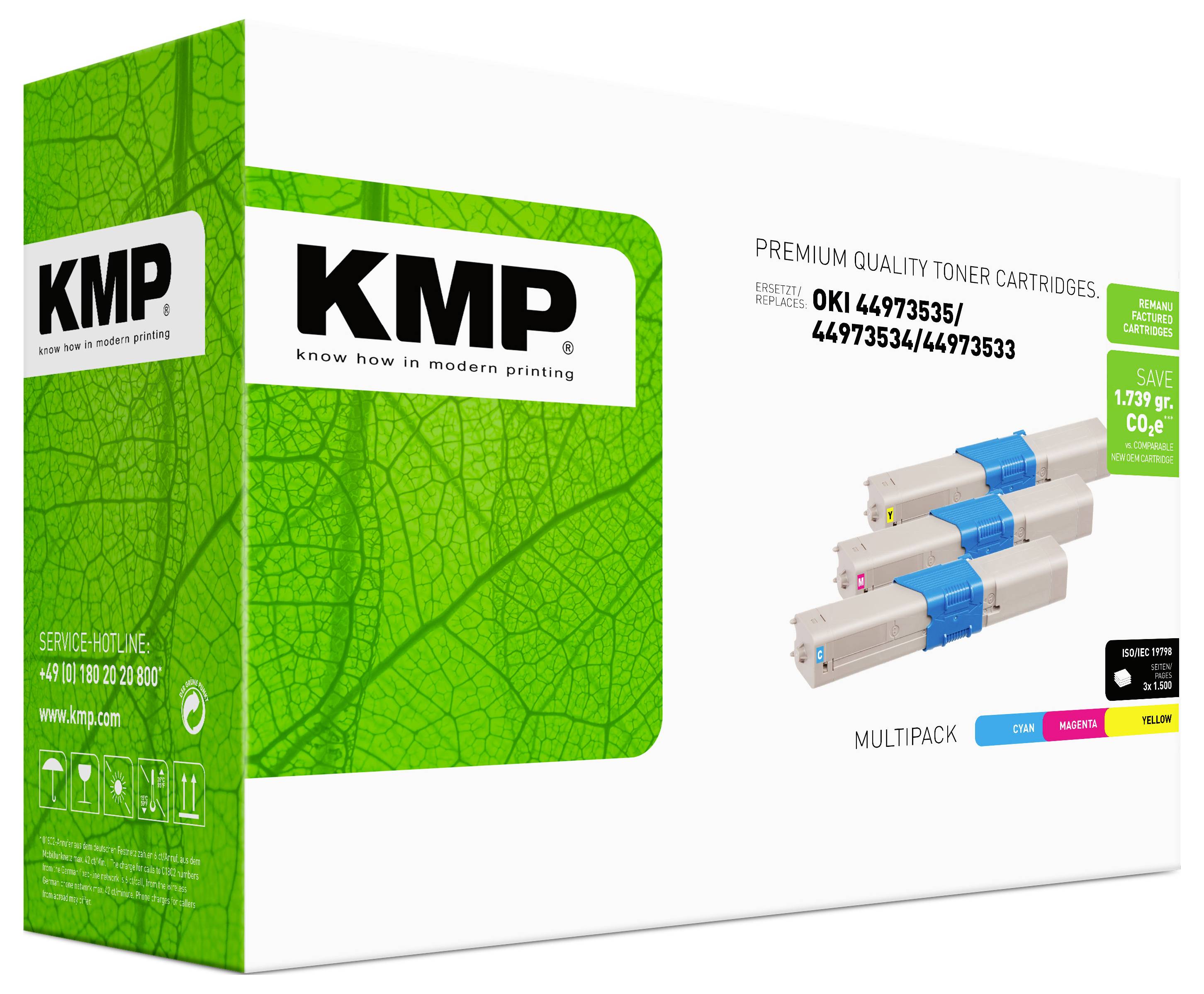 KMP Premium-Qualität Tonerkartusche Box-Verpackung mit drei abgebildeten Tonerkartuschen und Kompatibilitätstext für OKI-Modelle.
