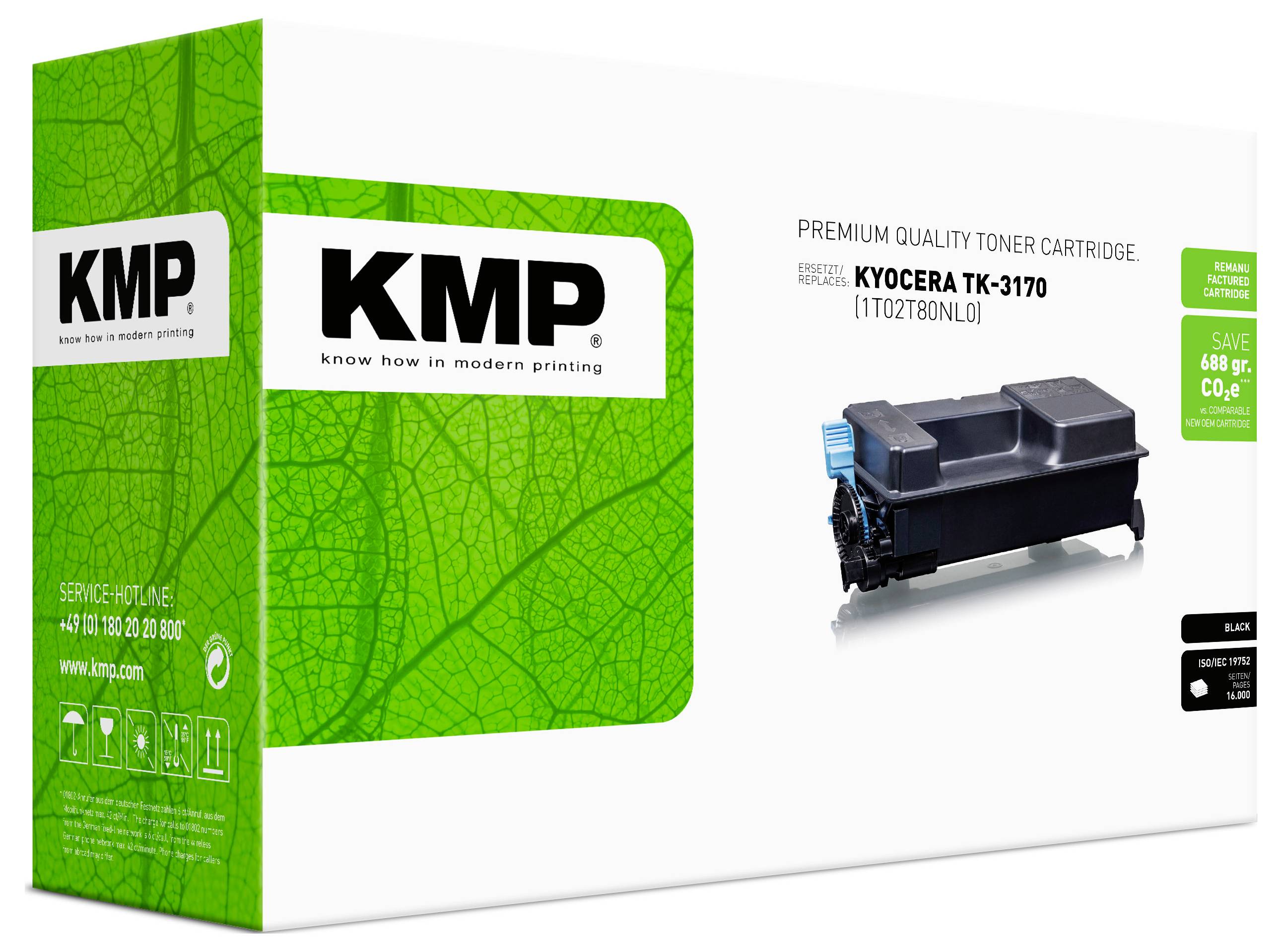 KMP Premium-Qualität Tonerkartusche für Kyocera TK-3170, gezeigt mit einer schwarzen Kartusche und grüner Verpackung.