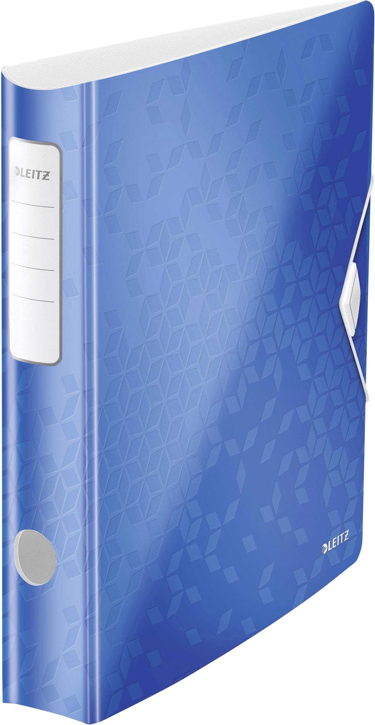 Ein blauer Leitz-Ordner mit geometrischem Muster und Verschlussgummi, für Büroorganisation geeignet.