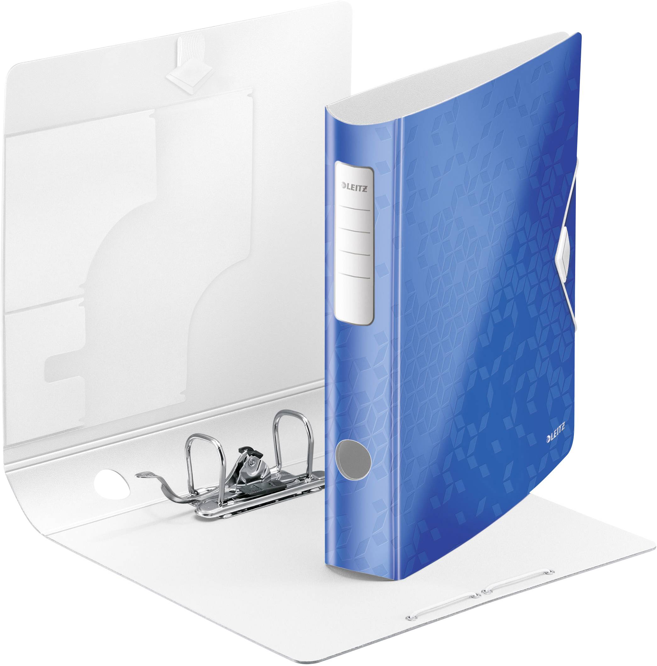 Ein blauer Ordner mit Hebelmechanik, geöffnet auf einem Tisch. Er zeigt eine weiße Innenseite mit Halterungen für Dokumente.