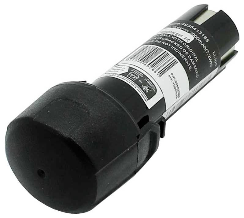 Ein zylindrisches schwarzes Lithium-Ionen-Akku mit einem Etikett, das die Modellnummer und Sicherheitsanweisungen anzeigt.