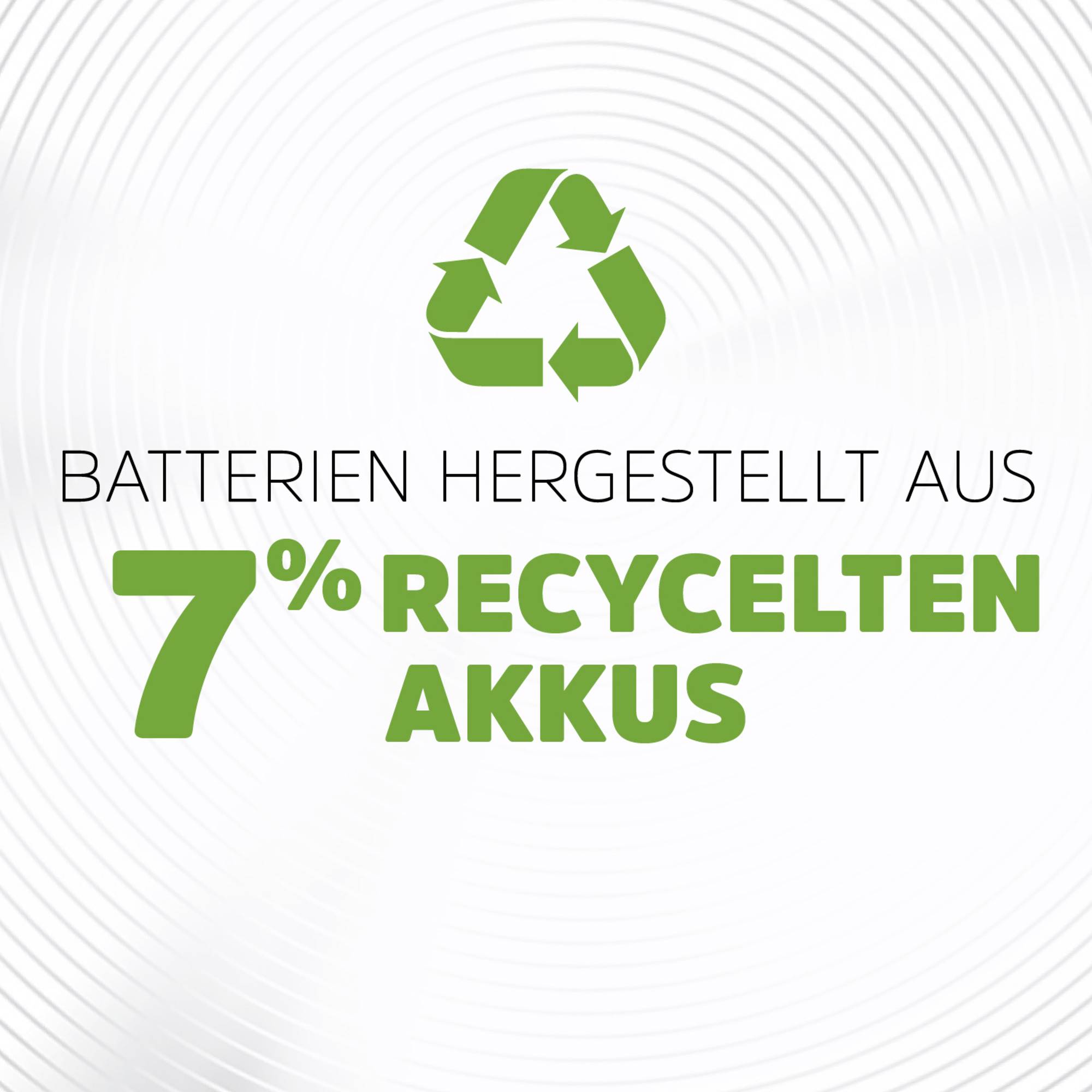 'Batterien hergestellt aus 7% recycelten Akkus' steht in grüner und schwarzer Schrift unter einem Recycling-Symbol.