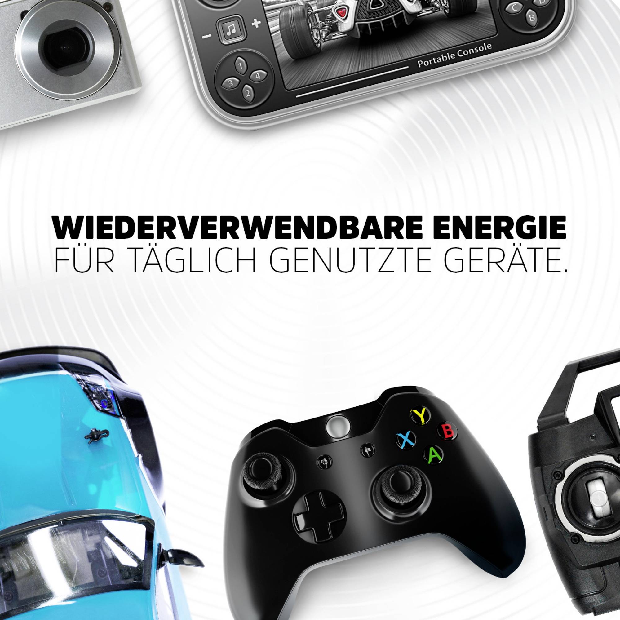 'Wiederverwendbare Energie für täglich genutzte Geräte.' Bild zeigt diverse elektronische Geräte wie Kamera, Konsole und Controller.