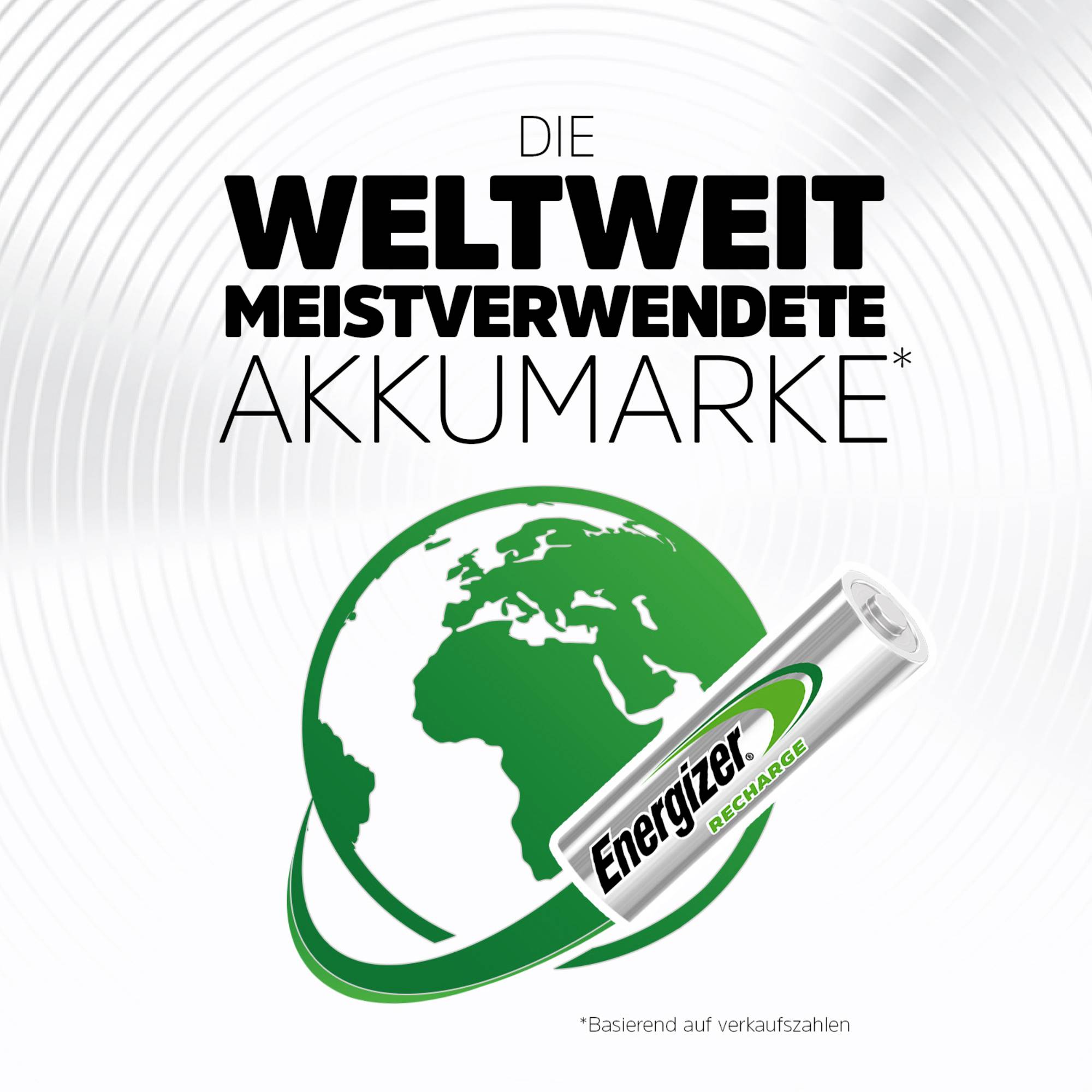 Bild zeigt eine Batterie mit der Aufschrift 'Energizer Recharge'. Oben steht: 'Die weltweit meistverwendete Akkumarke'. Globus im Hintergrund.