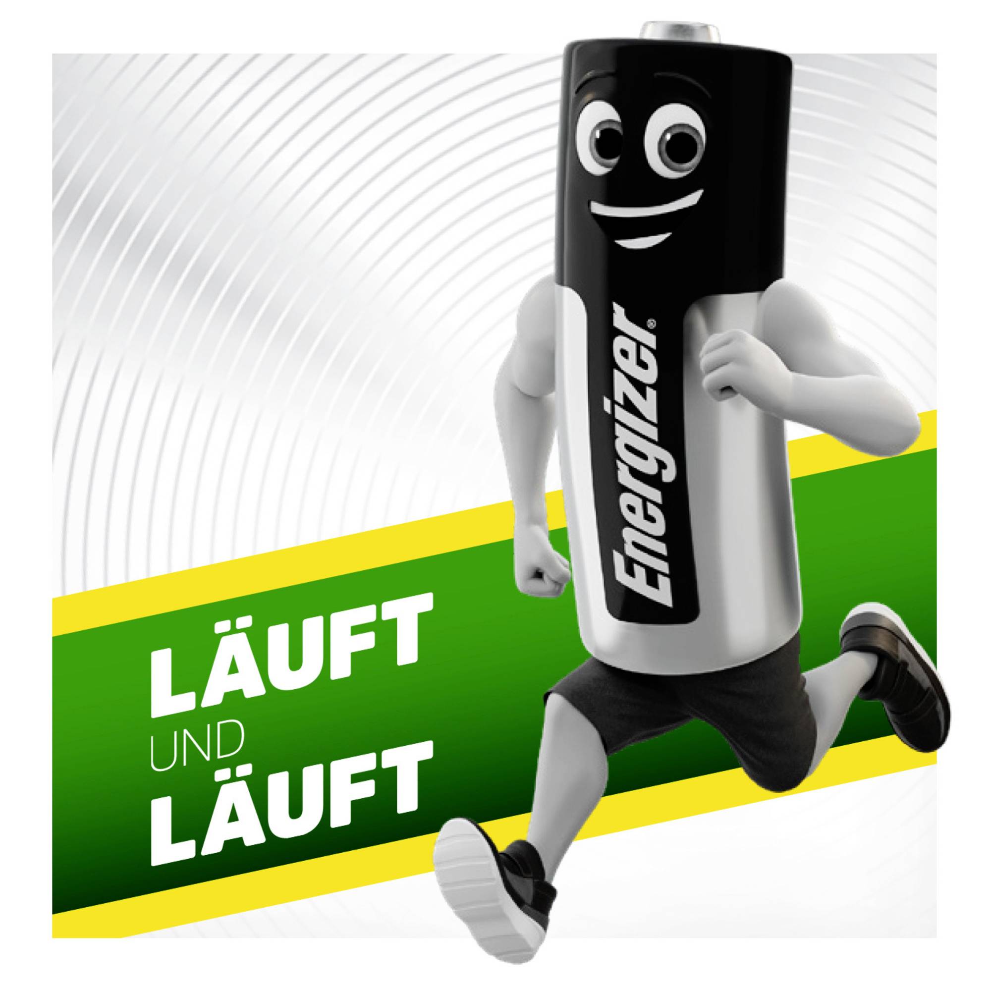 Eine Batterie in menschlicher Gestalt rennt auf einem grün-gelben Hintergrund. Der Text lautet: 'Läuft und läuft'.