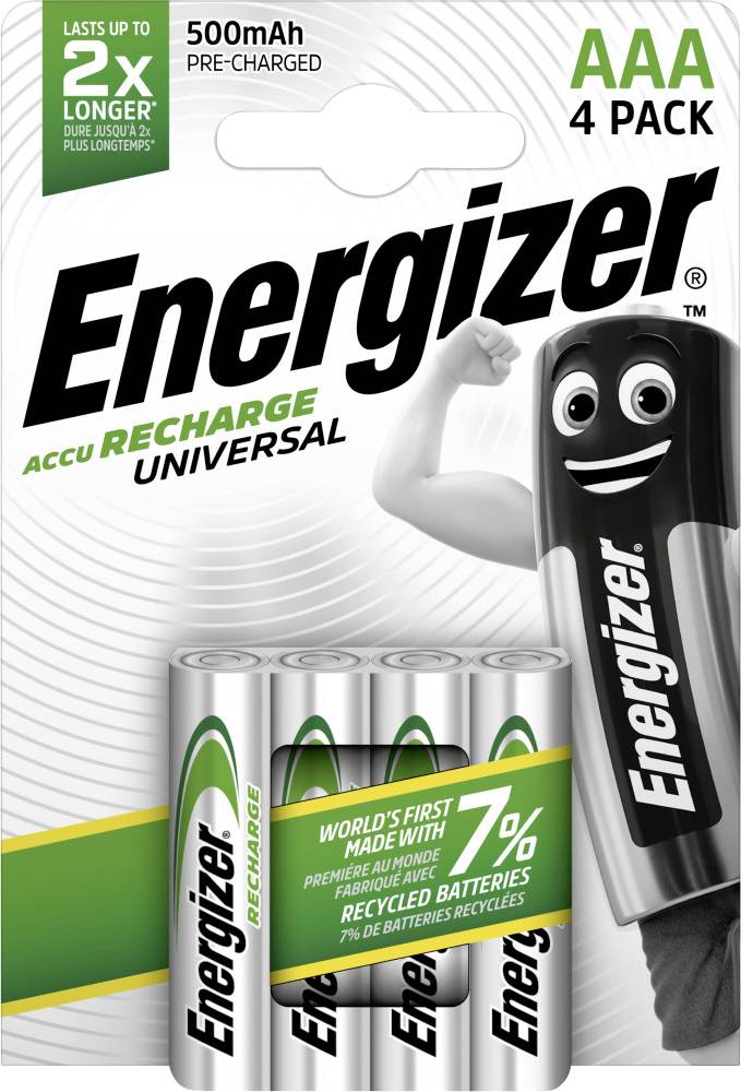'AAA 4 Pack' Akkus von Energizer, vorgeladen, 500 mAh, mit 7% recycelter Batterien. Bild eines maskottchenähnlichen Akkus.
