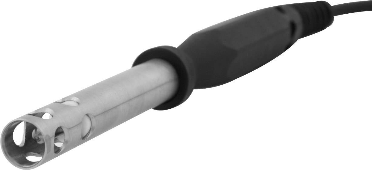 Silberfarbener Sensor mit schwarzen Griffbereich und Kabel, wahrscheinlich für Labor- oder Messtechnikanwendungen.