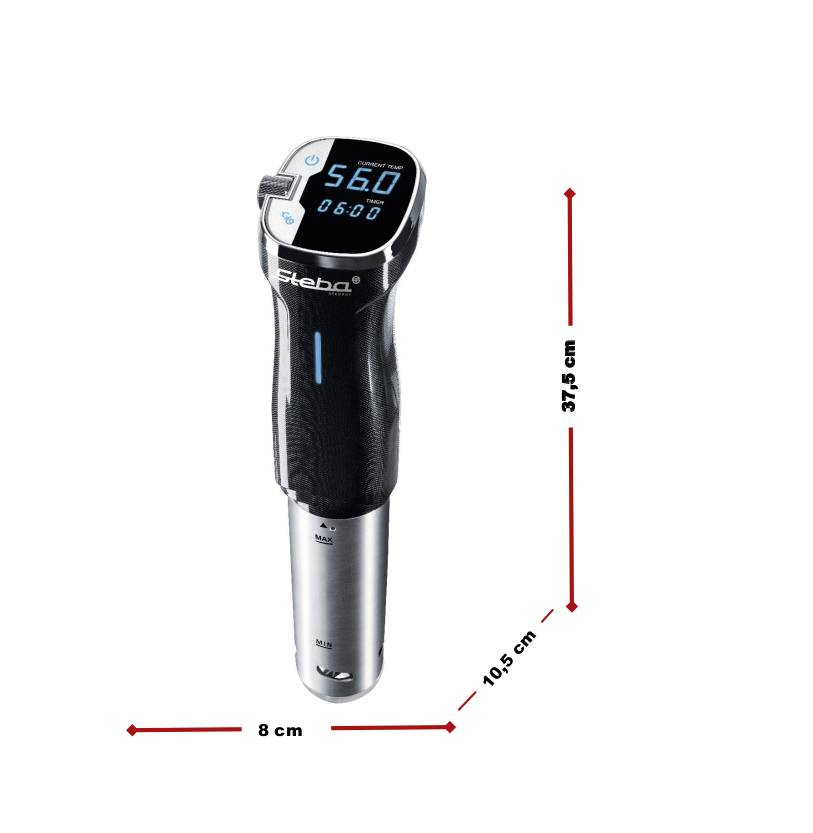 Schwarzer Stab-Thermometer mit digitalem Display, das '560' anzeigt. Maße: 37,5 cm hoch, 10,5 cm Durchmesser.