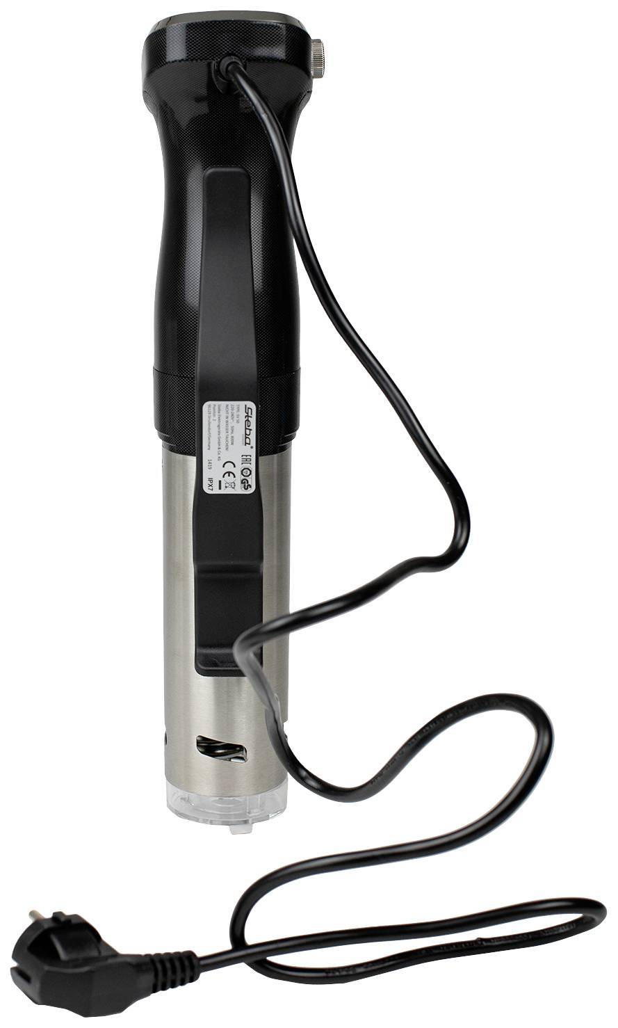 Ein elektrischer Sous-Vide-Stick mit schwarzem Griff, Edelstahl-Heizelement und Stromkabel. Wird zum schonenden Garen von Speisen verwendet.