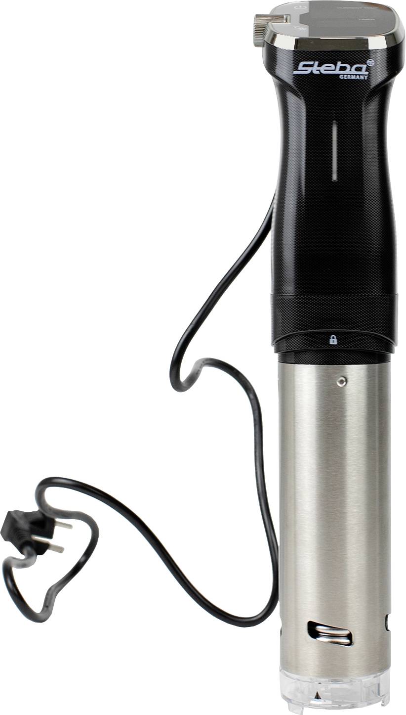 Ein schwarzes und silbernes Sous-Vide-Gerät der Marke 'Steba', mit Stromkabel und Steckdose, für präzises Garen bei konstanten Temperaturen.