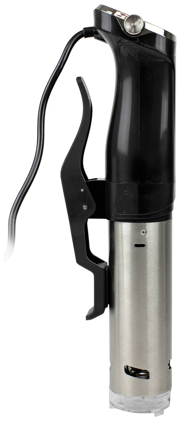 Ein schwarzer und silberner Sous-Vide-Stick mit Halterung und Stromkabel, verwendet zur präzisen Kontrolle der Wassertemperatur beim Kochen.