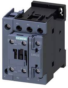 Ein elektrischer Schütz der Marke Siemens, Modell SIRIUS, mit mehreren Anschlüssen und einer blauen Abdeckung.