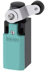 Industrielle Endschalter in blauem Gehäuse mit Rollenhebel von Siemens, geeignet für Maschinensteuerungen zur Positionsbestimmung.