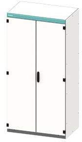 Ein weißer Schrank mit zwei Türen und schwarzem Griff. Oben ist ein grüner Streifen zu sehen. Schrank im technischen oder industriellen Stil.