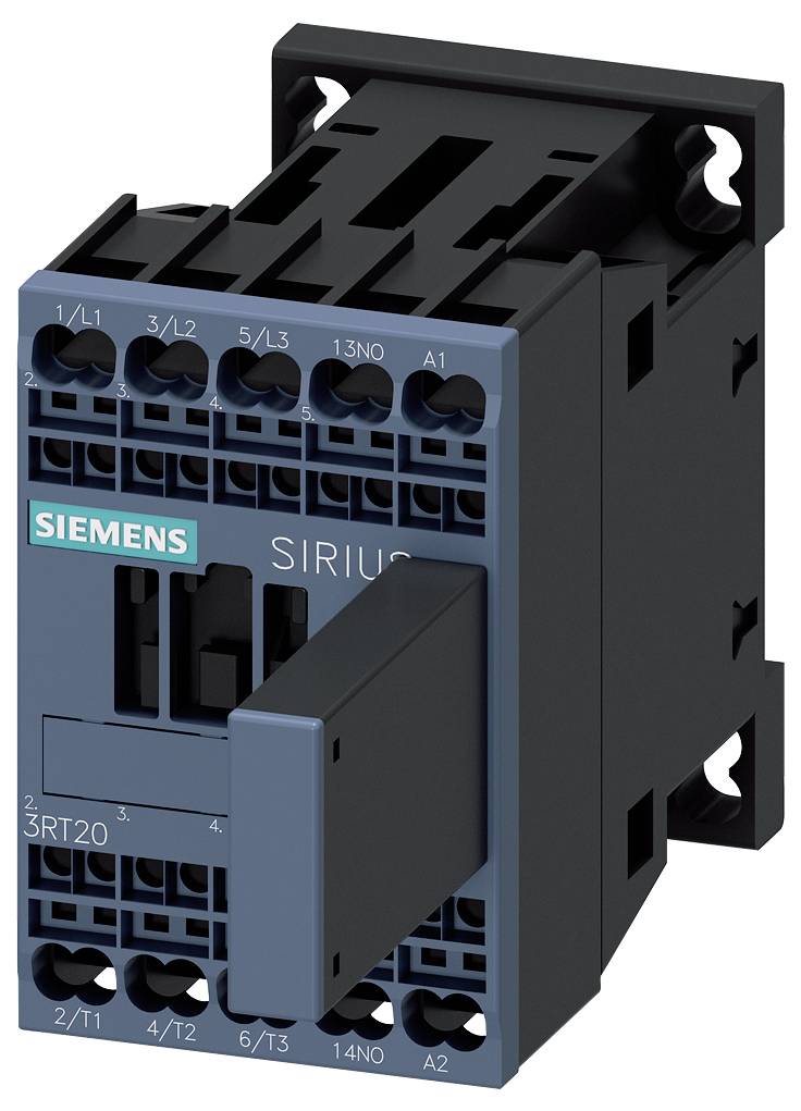 Ein schwarzer elektrischer Schütz von Siemens aus der Sirius-Serie, Modell 3RT20, mit blauen und schwarzen Anschlüssen und Kontakten.
