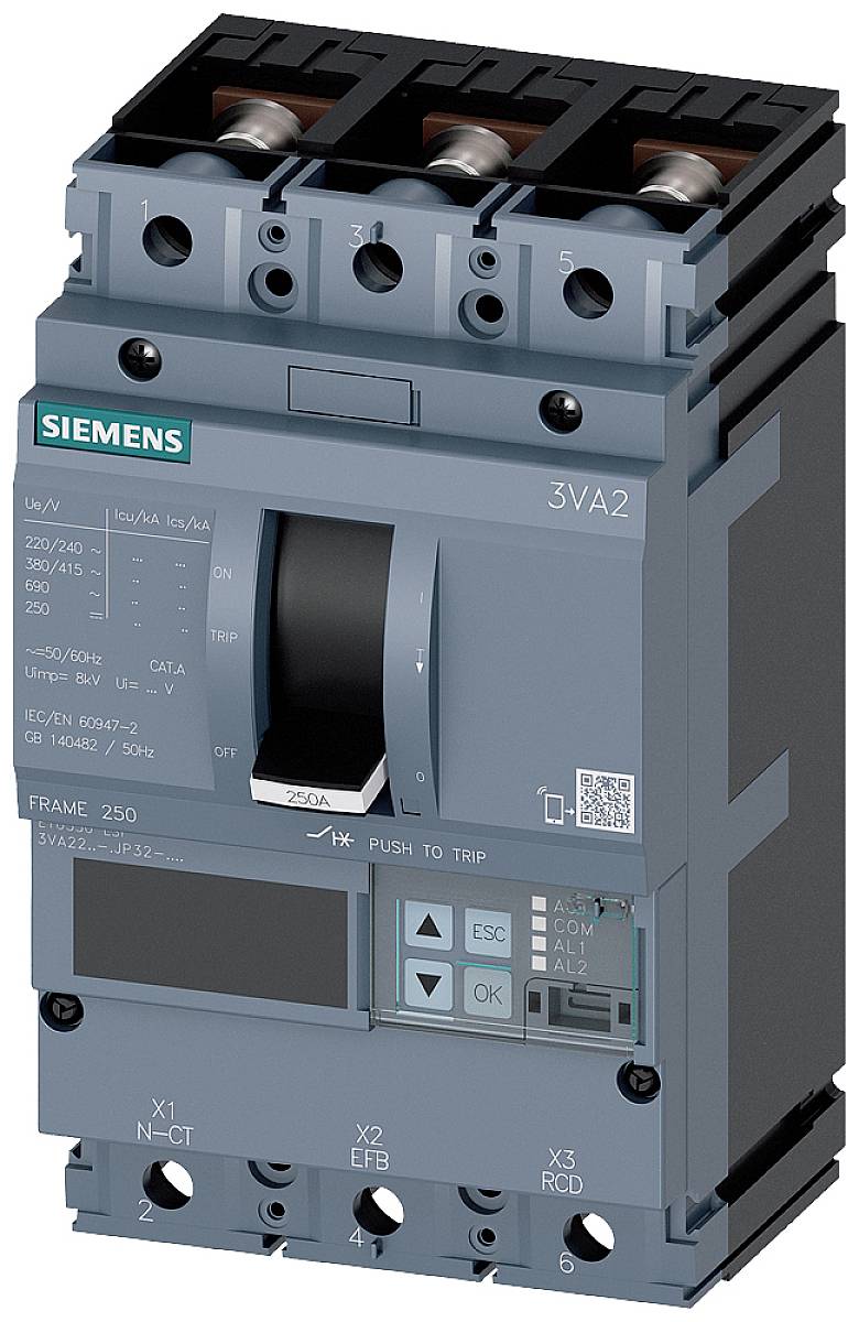 Ein grauer Siemens-Leistungsschalter 3VA2 mit Bedienfeld und Markierungen zur Steuerung von elektrischen Stromkreisen.