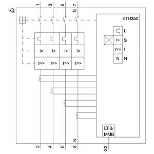Diagramm eines elektrischen Schaltplans mit ETU350 Modul, das L, S, I, N anzeigt, verbunden mit EFB/MMB. Beschriftung zeigt '7', '8', '6' und 'N'.