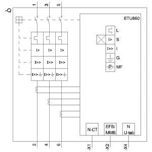 Schematische Darstellung eines ETU860 Schutzrelais mit Anschlüssen und Funktionselementen, einschließlich Phasen- und Erdschlussschutz.