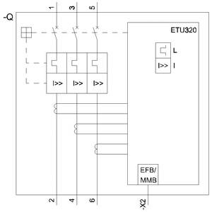 Technische Zeichnung eines Schaltplans mit einem ETU320-Modul, das mit drei Schaltern und elektrischen Verbindungen dargestellt ist.