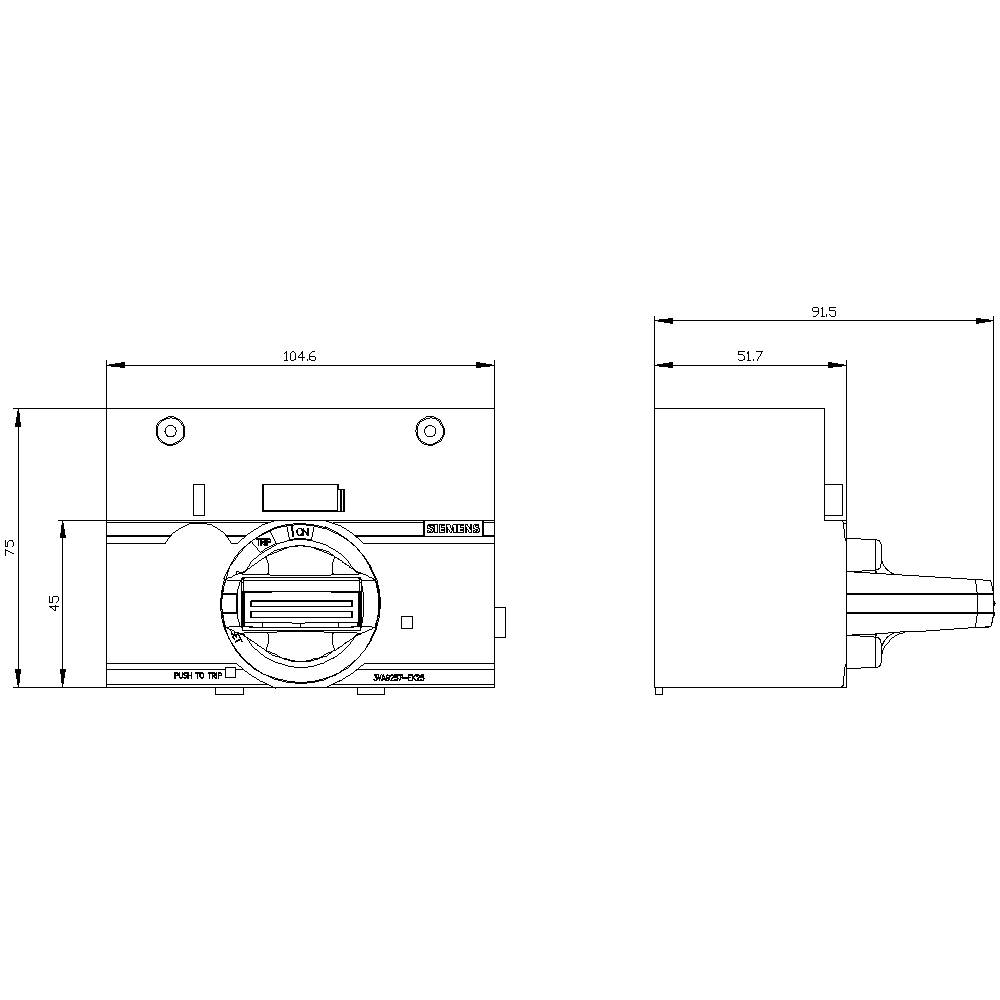 Technische Zeichnung eines Geräts mit Maßen. Vorderansicht zeigt 104,6 mm Breite, 75 mm Höhe. Seitenansicht zeigt 51,7 mm Tiefe.