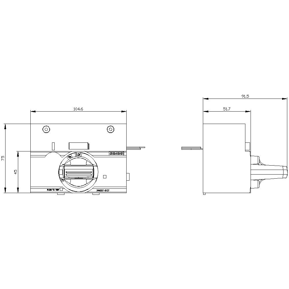 Technische Zeichnung einer Maschine mit Front- und Seitenansicht. Maße: 104,6 x 91,5 mm in der Breite und 73 mm in der Höhe.