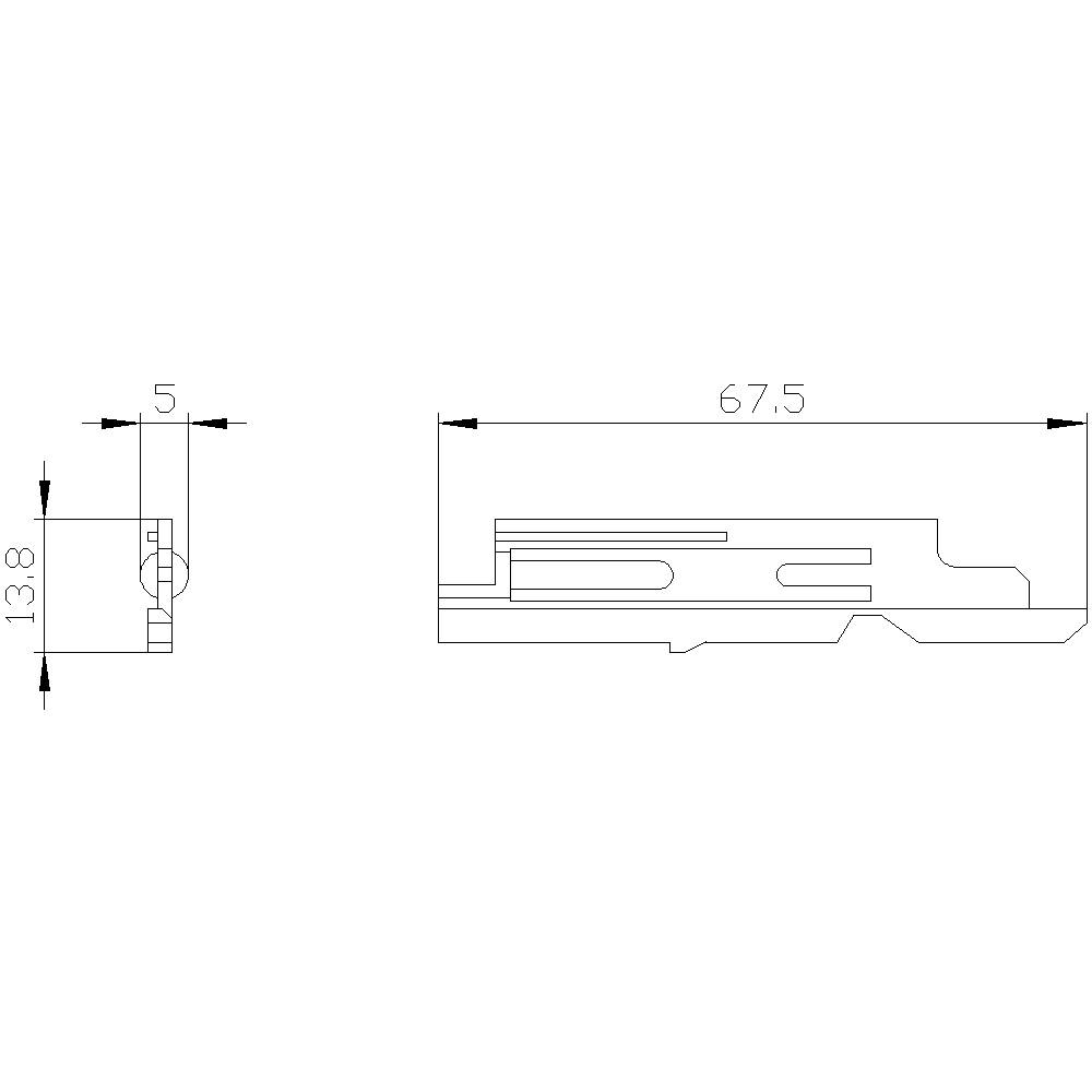 Technische Zeichnung eines Bauteils mit Seiten- und Vorderansicht; Maße: 67,5 mm Länge, 13,8 mm Höhe, 5 mm Breite.