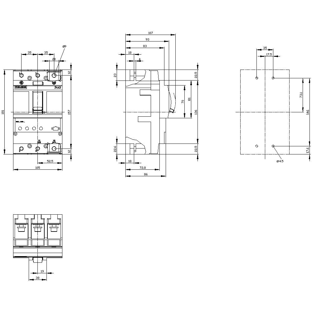 Technische Zeichnung eines mechanischen Bauteils mit Maßen in Millimetern. Front-, Seiten- und Draufsicht zeigen Position und Größe von Löchern und Kanten.