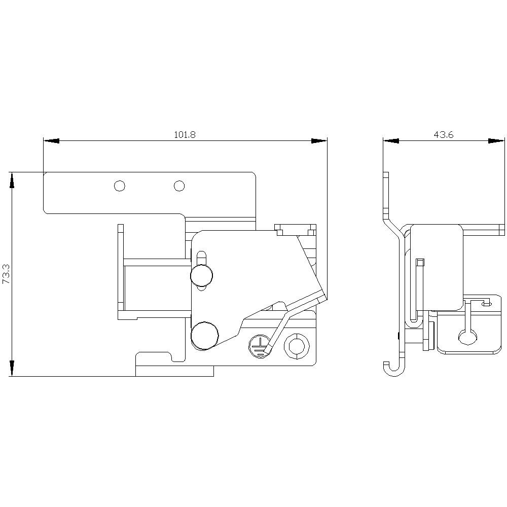 Technische Zeichnung eines mechanischen Bauteils mit Abmessungen: Breite 101,8 mm, Höhe 73,3 mm, Tiefe 43,6 mm. Seiten- und Vorderansicht.
