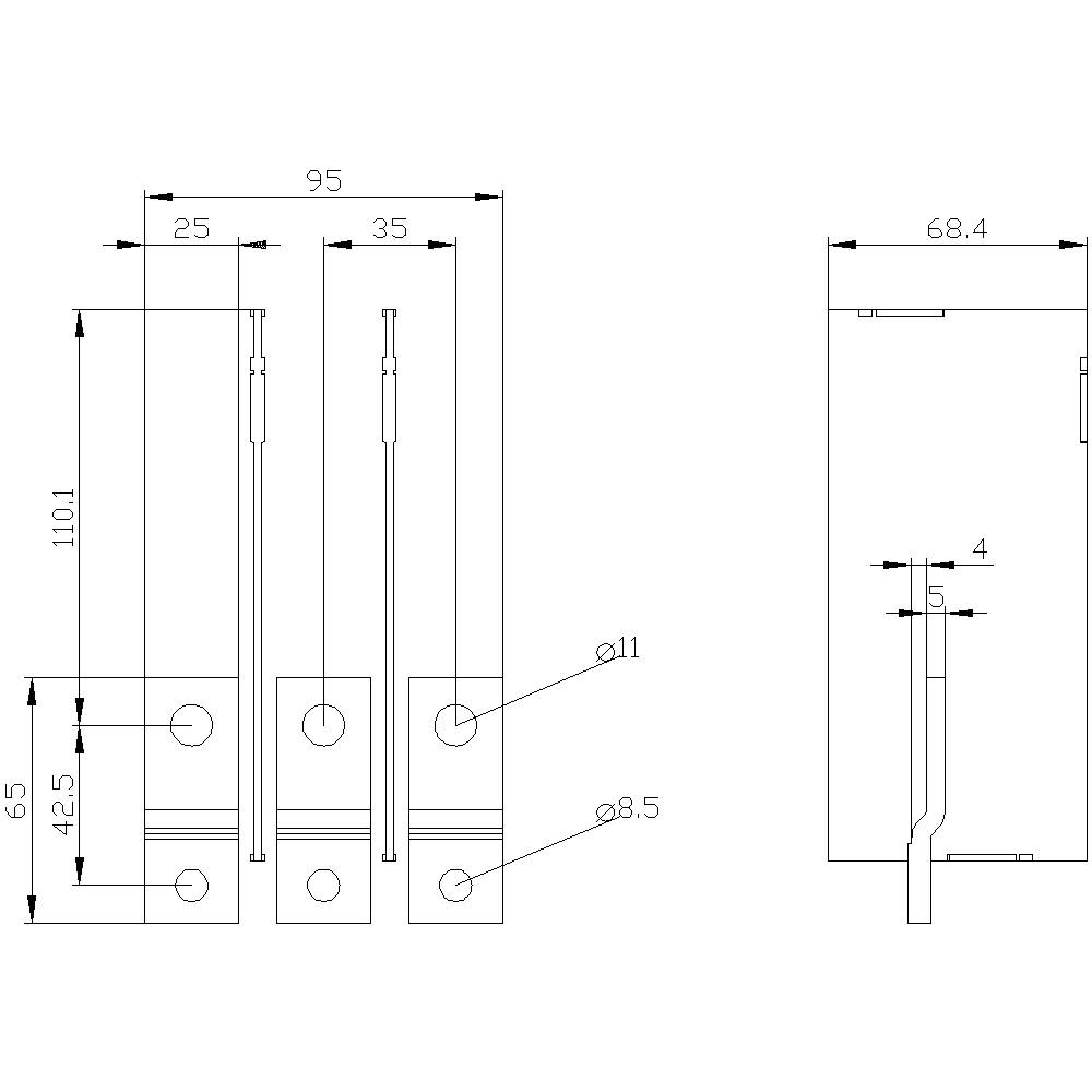 Technische Zeichnung: Front- und Seitenansicht eines Bauteils mit Maßen in Millimetern. Hauptabmessungen: Höhe 110,1, Breite 25, Tiefe 68,4.