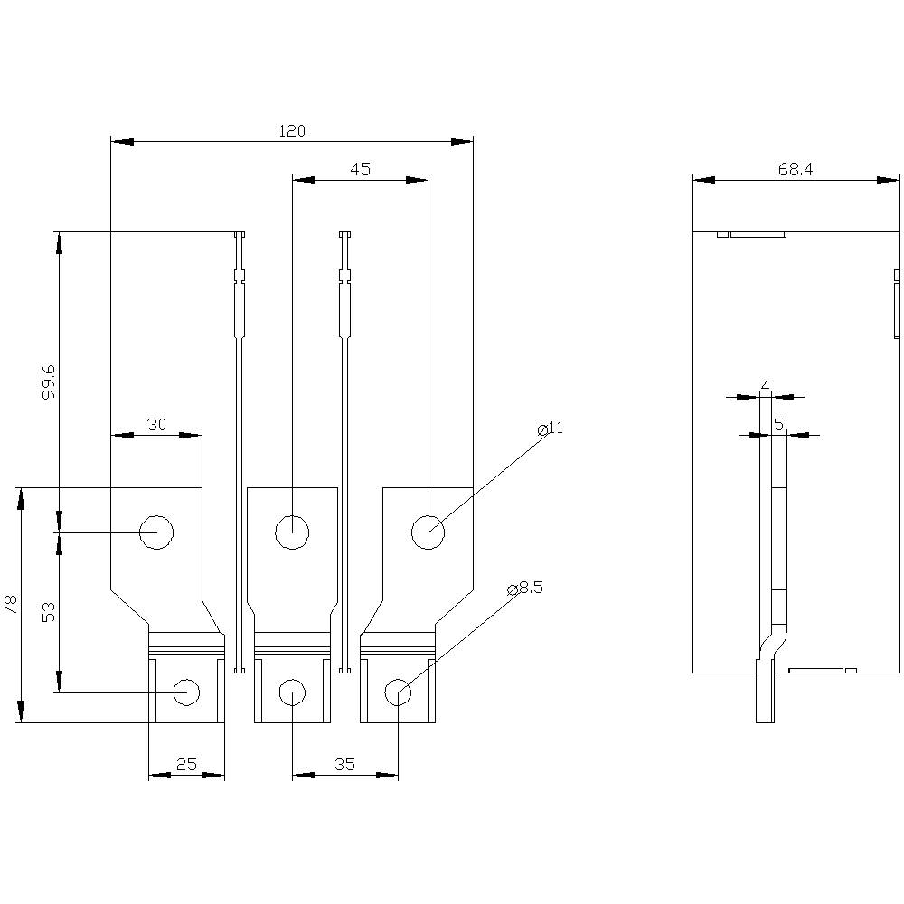 Technische Zeichnung von Metallplatten mit Maßen: Breite 120 mm, Tiefe 78 mm, Bohrungen mit Durchmesser 11 mm, 9,5 mm. Seitenansicht zeigt Dicke von 4 mm.
