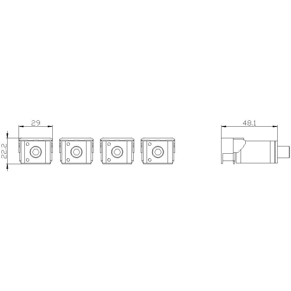 Technische Zeichnung eines Bauteils mit Seitensicht und Vorderansicht. Maße: Höhe 22 mm, Breite 29 mm, Tiefe 48,1 mm.