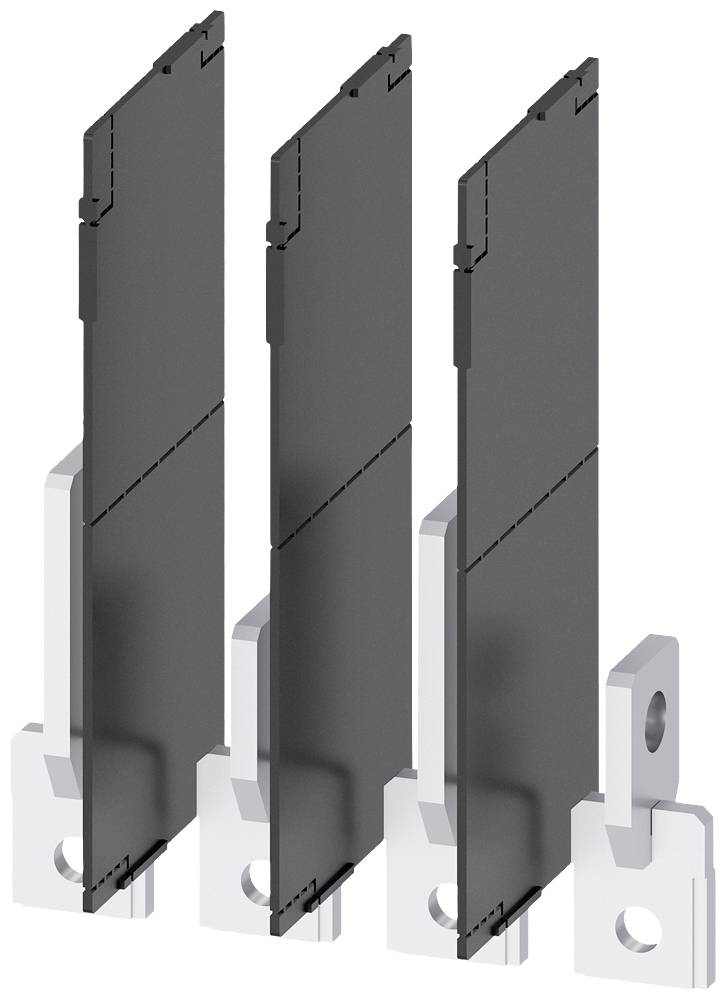 Drei schwarze, vertikale, dünne Metallplatten nebeneinander, befestigt an einer silbernen Basis. Technisches Bauteil ohne erkennbare Funktion.