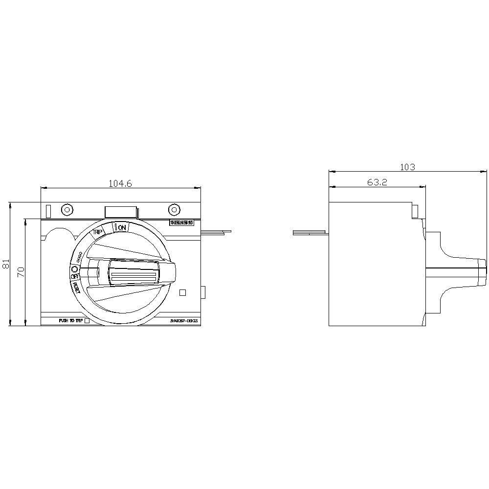 Technische Zeichnung eines Schalters mit Maßen: Breite 104,6 mm, Höhe 70 mm, Tiefe 63,2 mm. Zeigt Vorder- und Seitenansicht.