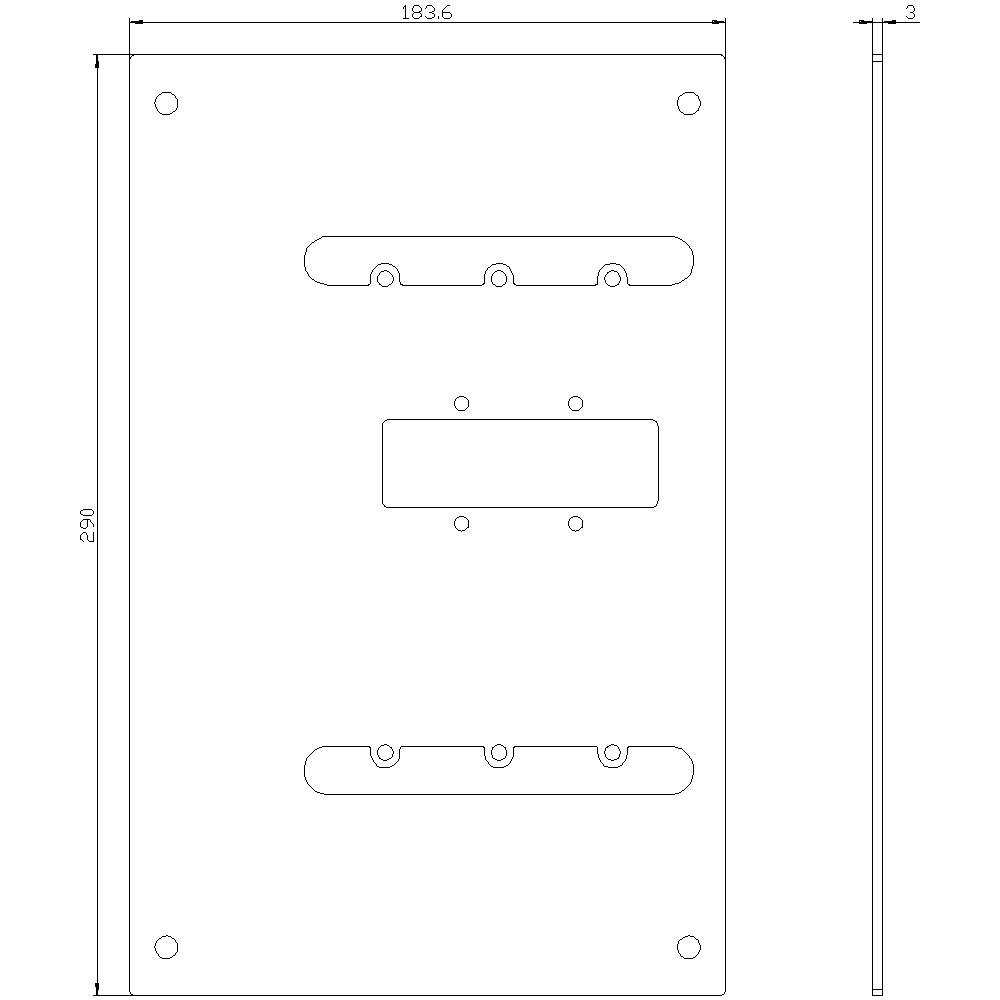 Technische Zeichnung eines rechteckigen Metallteils mit präzisen Abmessungen: 183,6 mm Breite, 290 mm Höhe, 3 mm Dicke. Lochungen sind symmetrisch angeordnet.
